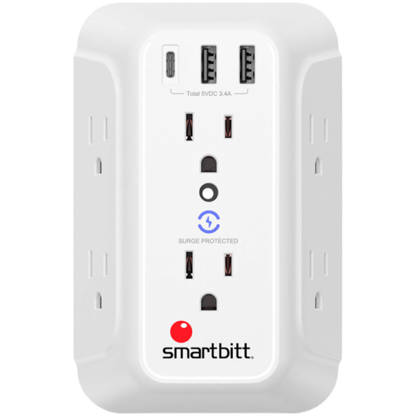 Regleta Smartbitt 6 salidas (Mod. SBSS-BW6-3U) Supresor de Picos, 2xUSB tipo-A 5V,2.4A, 1xUSB Tipo-C